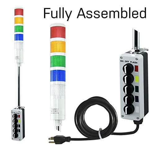 Signaworks 5 Stack Super Bright LED Andon Tower Light, 3 Pos On-Off-Flash, Red/Amber/Green/Blue/White, 8ft Industrial Power Cord, Plug & Play Ready, 3 Prong Plug Meets OHSA Standard *Assembled in USA*