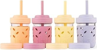 Kids + Toddler Glass Cups | The Original 8oz Glass Mason Jar with Sleeves + Lids | Silicone Straws + Stopper | Smoothie Cup | Food Storage | Spill Resistant | Dishwasher Safe | 4 Pack