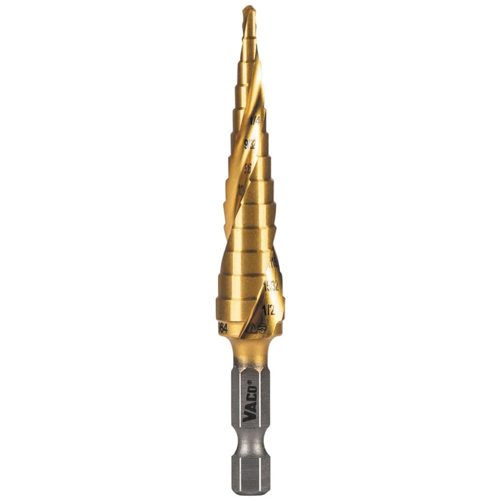 Klein Tools 25964 Step Drill Bit, 1/8 to 1/2-Inch, Spiral Double-Fluted, Cuts Thin Metal, Plastic, Aluminum, Wood, 1/4-Inch Hex Shank, VACO