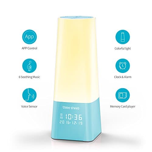 three sheep Bedside Lamp, 3 in 1 Sunrise Simulation Sleep and Wake Up Light with 24H Digital Calendar Alarm Clock, Support Micro SD Card （not include）, Touch & APP Control, Gift for Kids and Friends