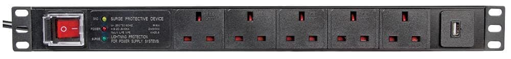 PULSE PDS5-USB-SRG 5 Way UK + USB PDU with UK Plug and Surge Protection, 19" 1U