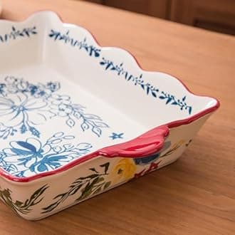 Casserole Dish Baking Dish Ceramic Baking Pan, 9x13 Baking Pan, Nonstick Baking Dishes for oven, Red flower pattern Lassagne Pan, Casserole Dishes with handles, for Kitchen
