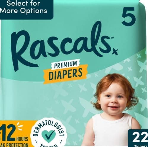 Rascals Premium Diapers Size 5, 44 Count, 2 Pack of 22 Count
