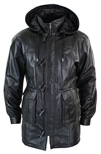 LLD Mens 3/4 Long Real Leather Duffle Jacket Coat Safari Detachable Hood Classic Black xs