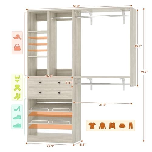 Closet System - 5FT Small Closet System with Drawers, 60" Closet Organizer System with Reversible Hanging Shelving, Closet Systems for Small/Walk-in Closets, Greige Oak