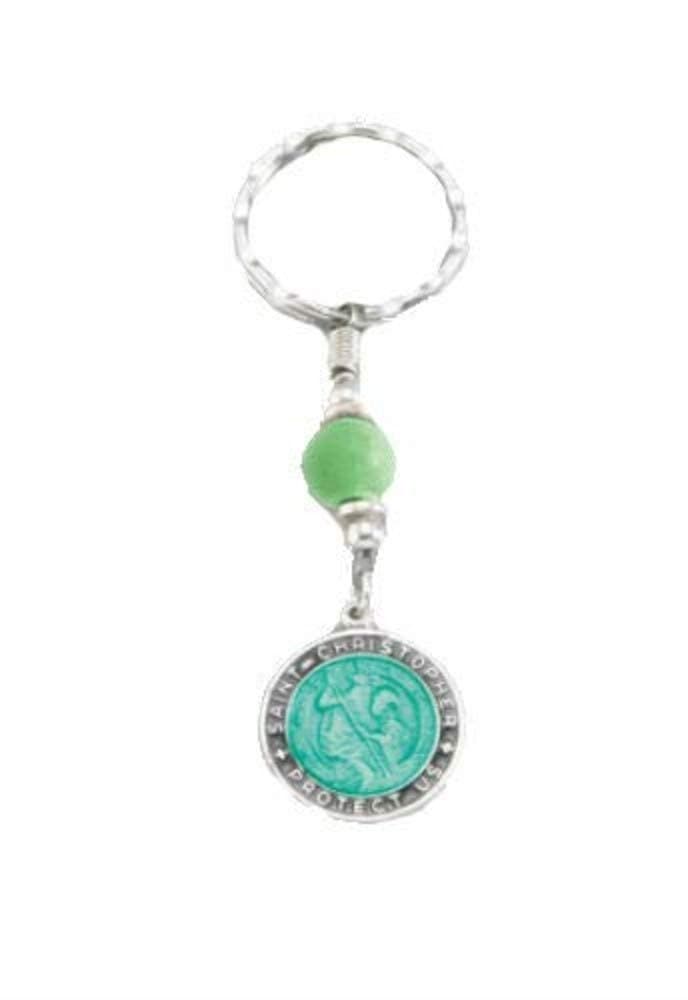 St. Christopher Medal Keychain with Petroglyph Surfer On Back, Green