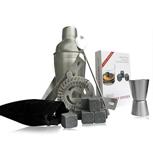 Stainless Steel Barware Set with 5 Tools Plus 9 Whiskey Stones & Storage Bag - Includes 18.6oz Cocktail Shaker, Stirrer, Strainer, Double Jigger & Tongs Gift Set