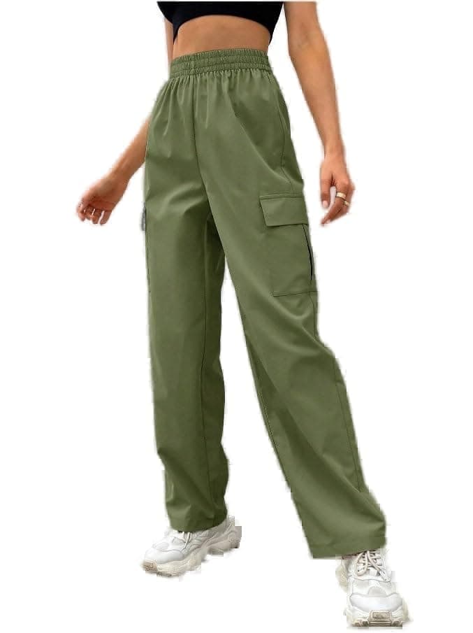 Elyraa Women's Western Stylish High Waist Pockets Cargo Solid Trousers Pants for Women/Girls