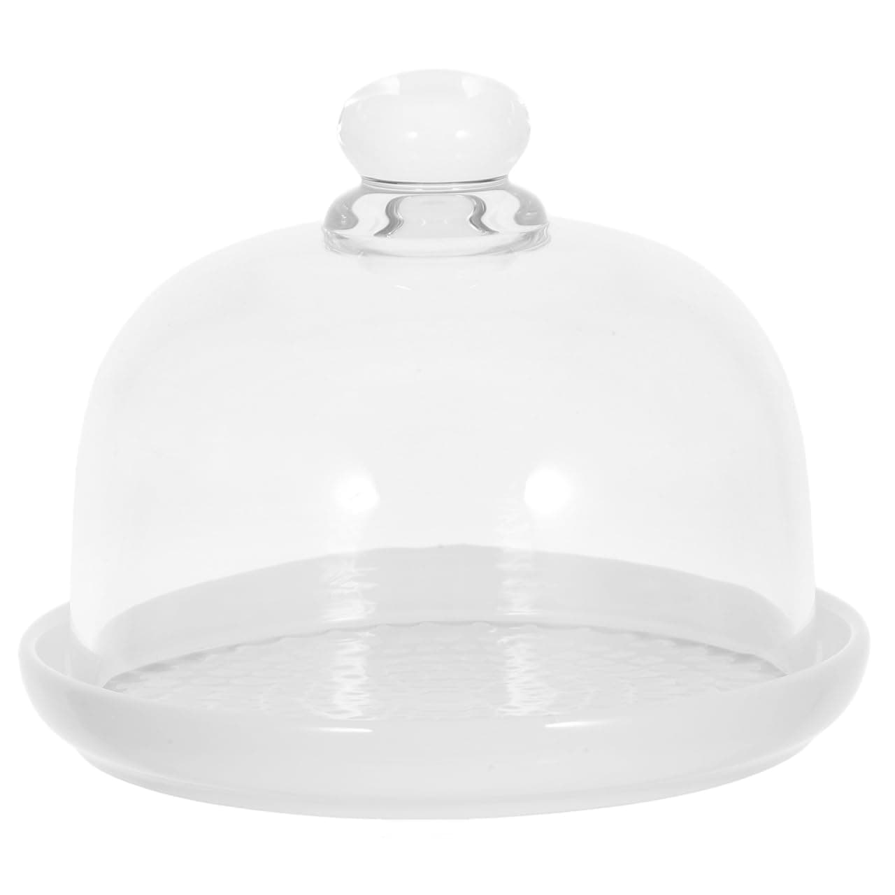 DOITOOL Ceramic Cake Stand with Glass Dome Cover White Ceramic Cake Plate Server Round Clear Glass Dome Dessert Plate for Home Kitchen Party Use, 5.9 x5.9 x 4.7 inches