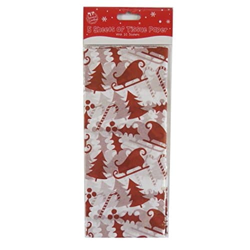 Christmas Printed Tissue Paper - White, Sleigh and Tree - 5 Sheets, 26.7' x 19.7' and 10 Circle Stickers
