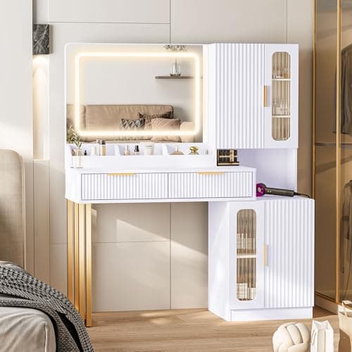 45" Fluted Makeup Vanity Desk with Mirror and Lights