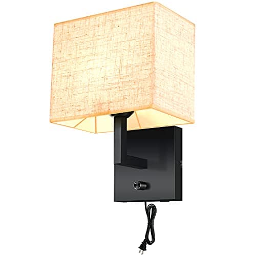 Wall Lamp with Dimmer Switch and USB Port, Wall Lamp with Plug in Cord, Wall Sconce Contemporary, Plug in Wall Sconces with Fabric Shade, Brings Warm and Cozy Feel, Wall Lamps for Bedroom