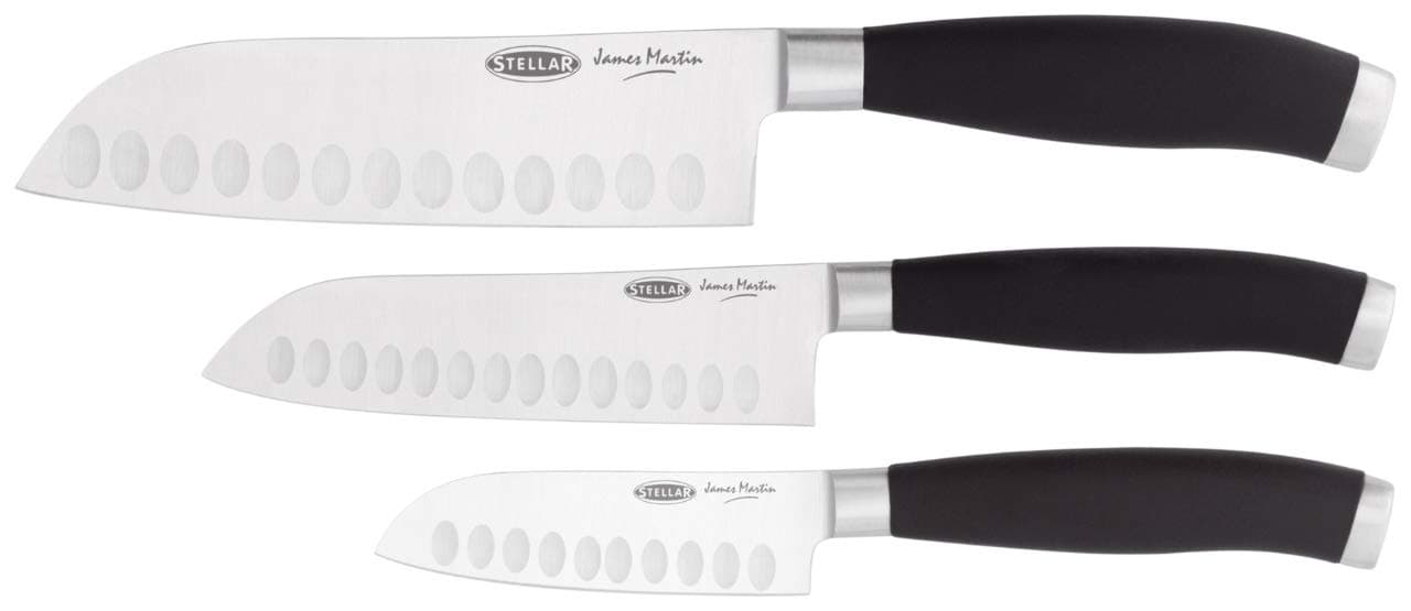 Stellar James Martin Kitchen Knife Set, 3 Piece Set Santoku Kife Gift Box Set, Carbon Stainless Steel, Razor Sharp Blades, Anti-Slip Handles