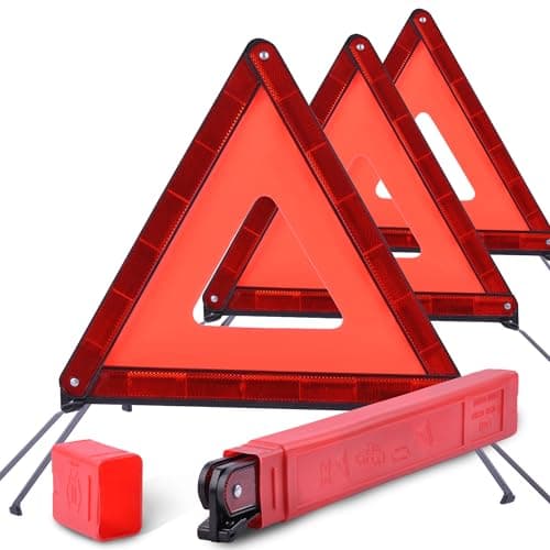 DSV Standard Emergency Warning Triangles, Roadside Safety Triangle, Foldable Warning Reflective Triangle with Case for Vehicles Breakdown, Pack of 3