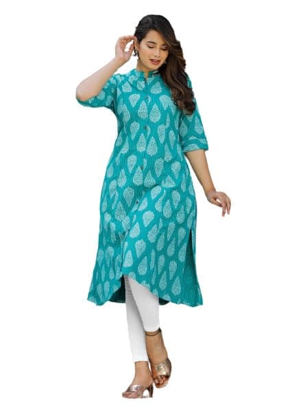 Bansal Creations Cotton Flex Printed Regular Fit A Line Mix Match Kurti for Women Princess Cut with Antique Buttons and Both Sides Pocket