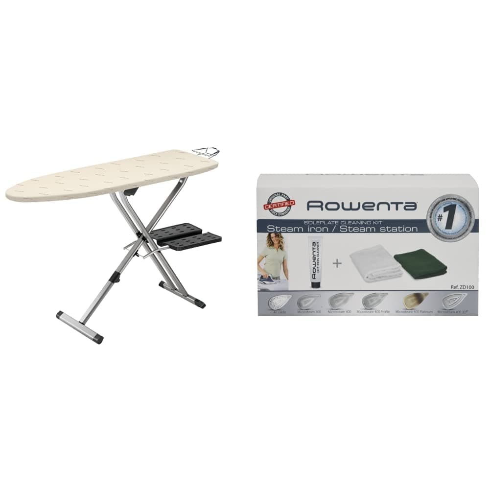 Pro Compact Ironing Board with Hanger Rack (18 x 54 Inches) and Rowenta ZD100 Non-Toxic Stainless Steel Soleplate Cleaner Kit