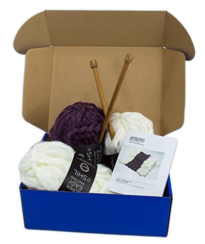DIY Knitting Blanket Kit Super Soft Thick and Thin Bulky Yarn US 15 Needles (Dark Purple & Off White)