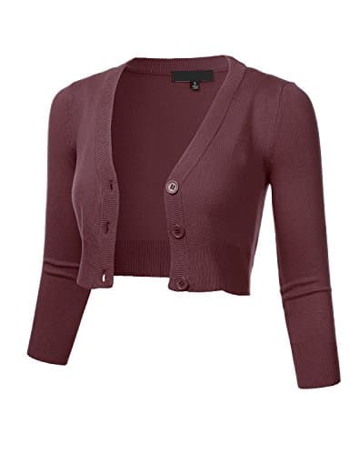 FLORIA Women Solid Button Down 3/4 Sleeve Cropped Bolero Cardigan Sweater Burgundy M