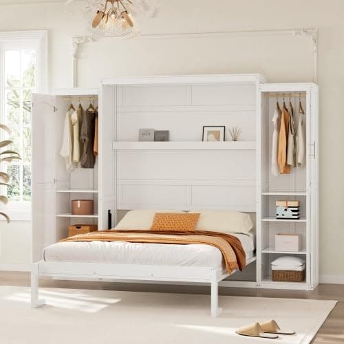 Full Size Murphy Bed with Two Wardrobe, Wall Bed Cabinet Bed with Storage Shelf, Multifunctional Foldable Platform Bedframe for Guest-Room, Bedroom, White