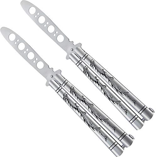 Fecedy 2pcs Silver Practice Tool Tactical Combat Trainer Folding Butterfly Stainless Steel Handle Blunt with Round Holes,No Sharp,No Blade