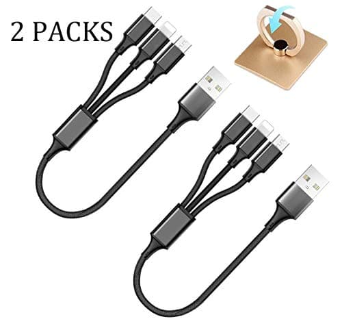 EEkiiqi 2 Packs Short 3 in 1 USB Charging Cable 1ft Multi Charger Cord Nylon Braided Fast Charging Cord Type C/Micro USB/L Connecotors Compatible with Most Cell Phones and Tablets (Red)