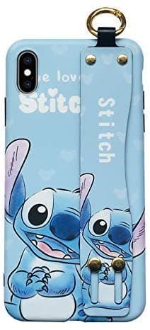 Soft TPU Blue Stitch and Lilo Case with Stand Hand Holder Loop for iPhone XR iPhoneXR 6.1 Cartoon Cute Lovely Protective Kawaii Gift Kids Teens Girls Boys Son Daughter