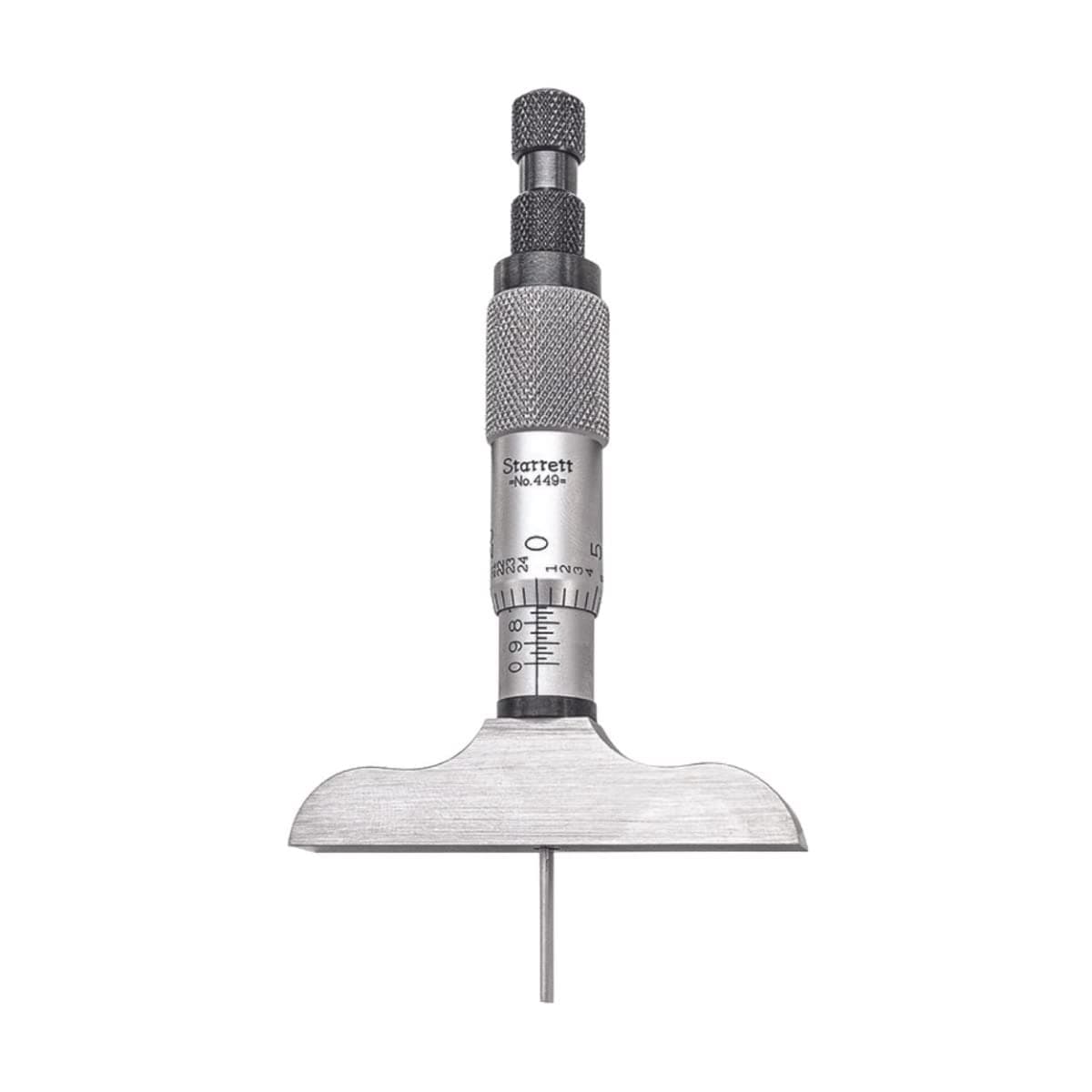 Starrett Micrometer Depth Gage with Non-Rotating Blade Combination Ratchet and Speeder in Case - Ratchet Thimble, 0-3" Range, .001" Graduation, 2-1/2" Base - 3 Rods - 449AZ-3R