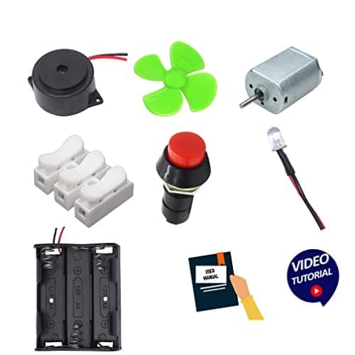 Electronic Spices Diy Mini School Projects Kit 2 (Motor Battery Buzzer Push Switch Kit For Hobbyists And School& College Students) Starter Kit With Video Tutorial & User Manual
