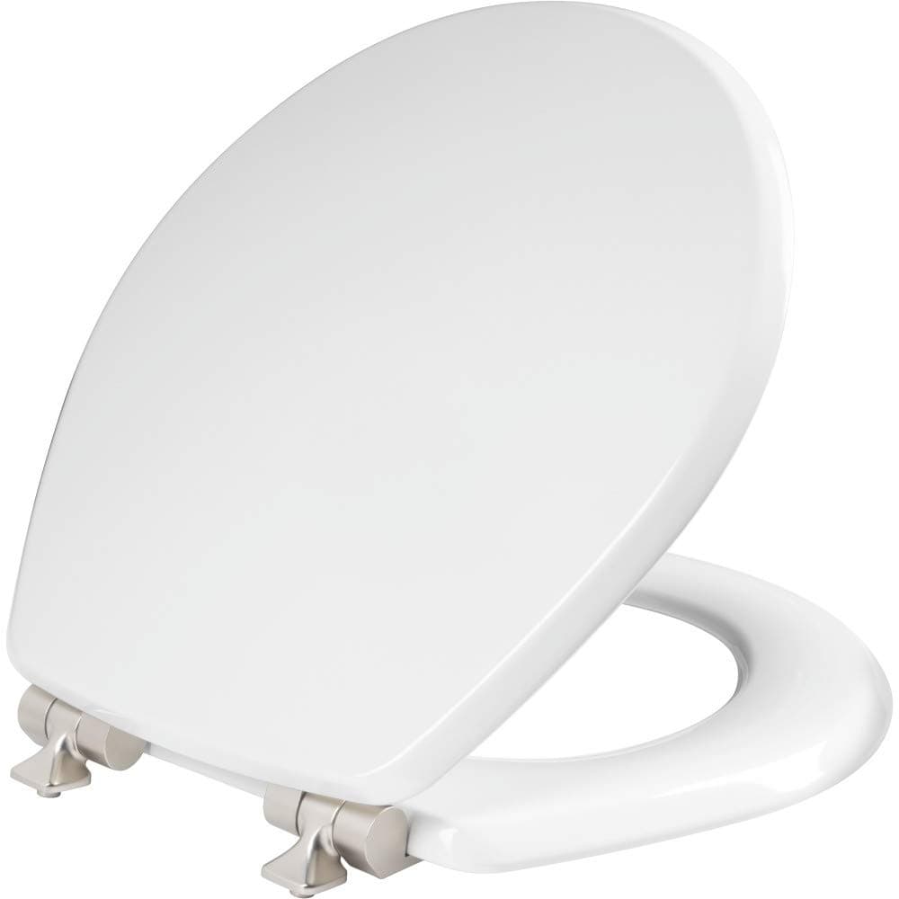 Bennett Toilet Seat with Brushed Nickel Hinges, Slow Close Wood Seat, Secure Metal Hinges, Easy Install, Made in USA, Round, White
