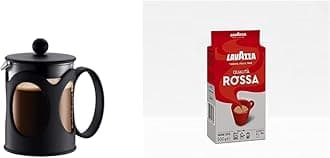 BODUM 10683-01 Kenya French Press Coffee Maker, Borosilicate Glass - 4-Cup (0.5 L), Black & Lavazza Qualità Rossa, Ground Coffee Espresso, Arabica and Robusta Medium Roast 500 g Pack