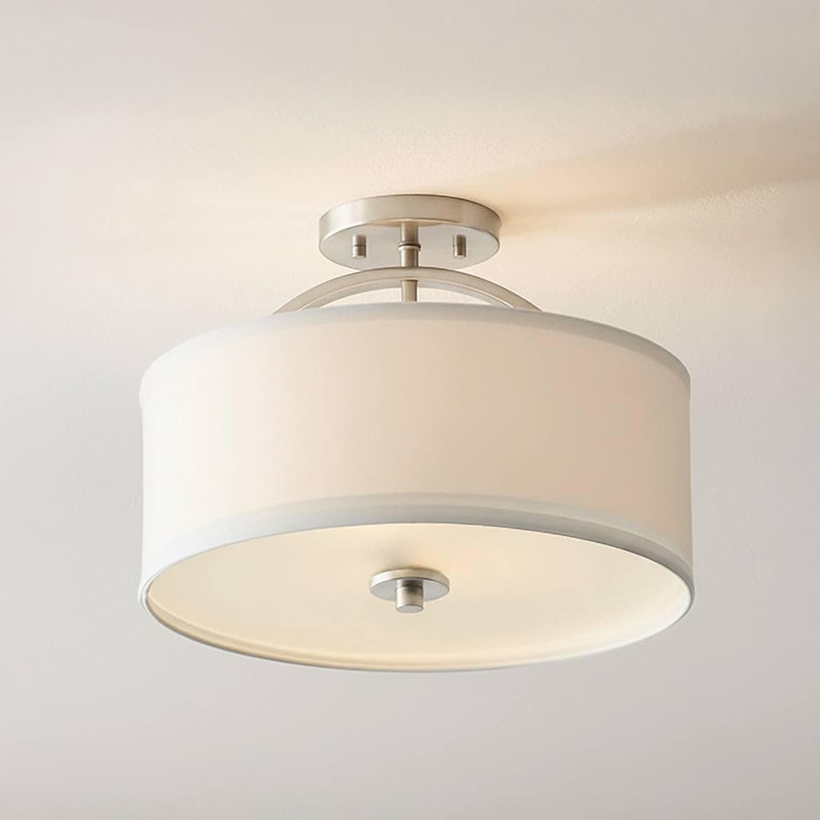 Halsted Modern Close to Ceiling Light Semi Flush Mount Fixture 15" Wide Brushed Nickel Silver White Linen Drum Shade for Bedroom Hallway Living Room Dining Room Bathroom Kitchen