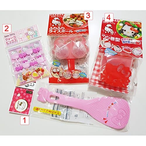 Sanrio Hello Kitty Merchandise Sushi Bento Making Tool Bundle Set - Sushi Roll, Rice Paddle, Rice Ball Mold & Food forks