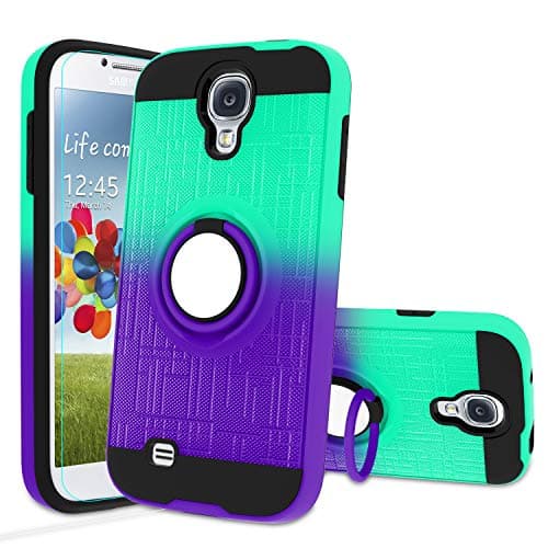 Galaxy S4 Case, Galaxy S4 Phone Case with HD Screen Protector,Atump 360 Degree Rotating Ring Holder Kickstand Bracket Cover Phone Case for Samsung Galaxy S4 Mint/Purple
