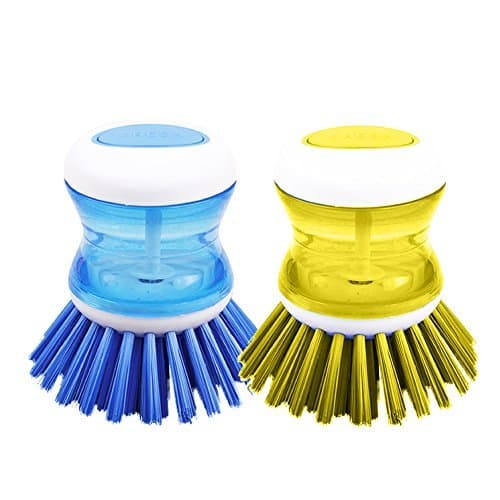Soap Dispensing Palm Brush for Kitchen Sinks and Tools - 2 pcs 3 x 2” Antimicrobial Nylon Bristle Palm Scrub Brush - Arthritis Friendly and Dishwasher Safe Nonslip Grip with Cleaning Handbook