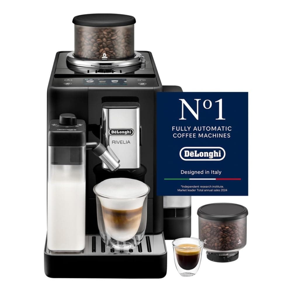De'Longhi Coffee Machine RIVELIA Fully Automatic Espresso Machine with 22+ Hot & Iced Beverages, Bean Hopper, Color Touch Display, 13 Grinder Settings, LatteCrema, Twin Shot EXAM440.55.B (Europe Made)