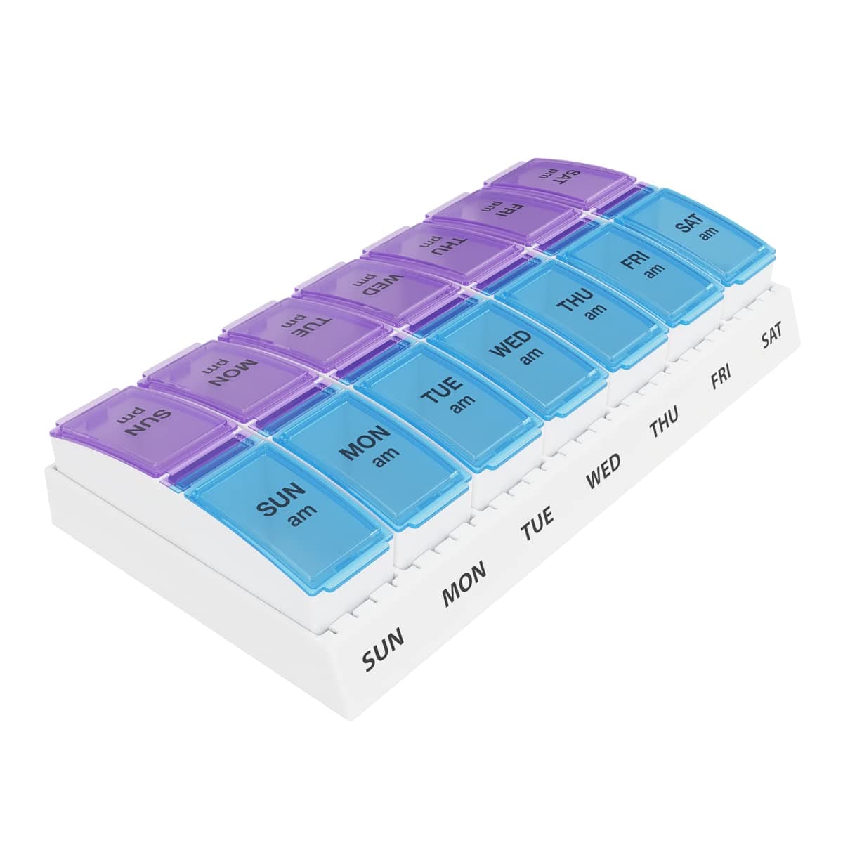 EZY DOSE Weekly, AM/PM Daily Pill Organizer, 7-Day Medicine Planner, Vitamin Container, Small Pop-Out Compartments, 2 Times a Day Pill Holder, Blue and Purple Lids, Travel-Friendly, BPA Free