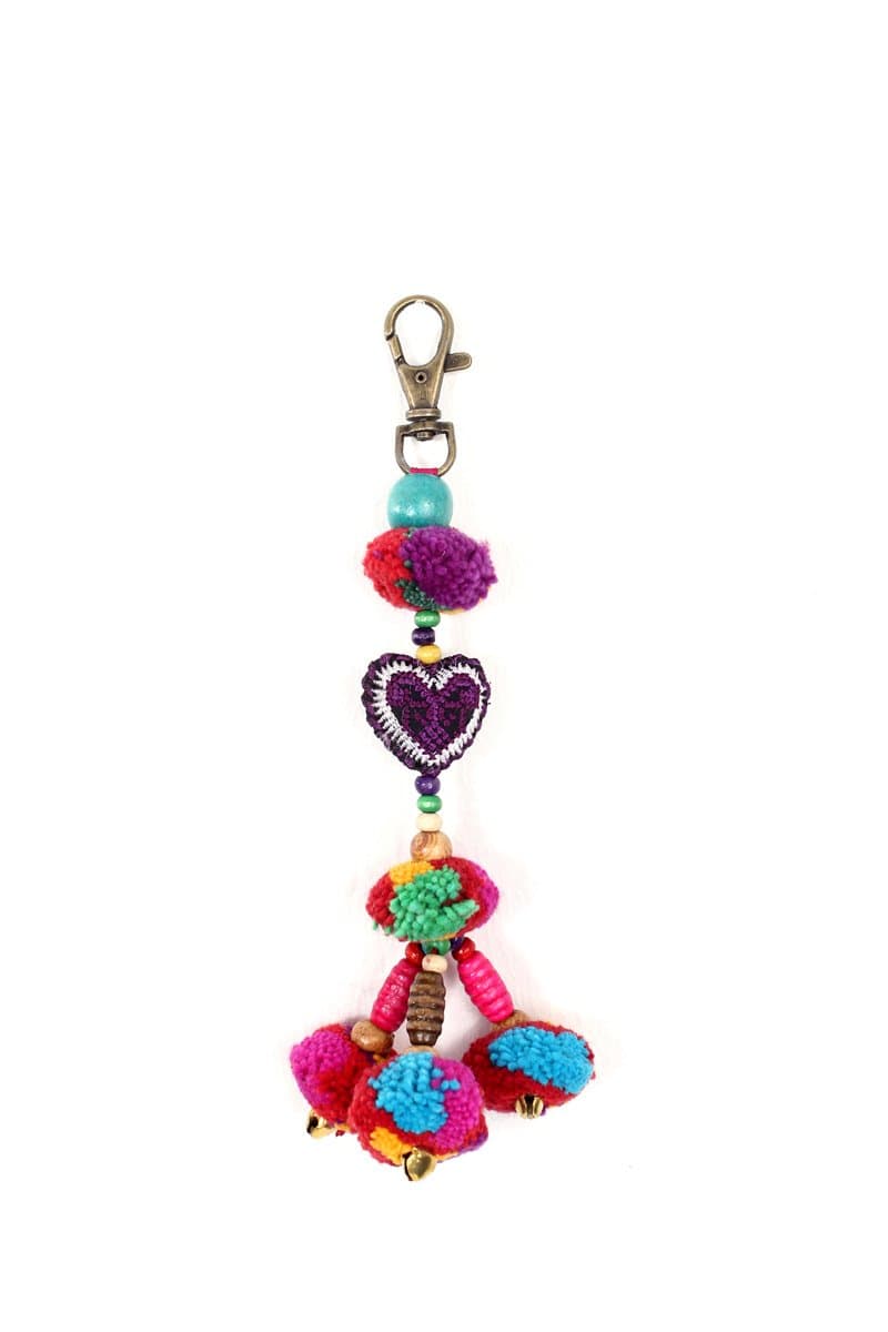 ETHNIC LANNA Pom Poms and Fabric Heart Zip Pull Accessory in True Hmong Style