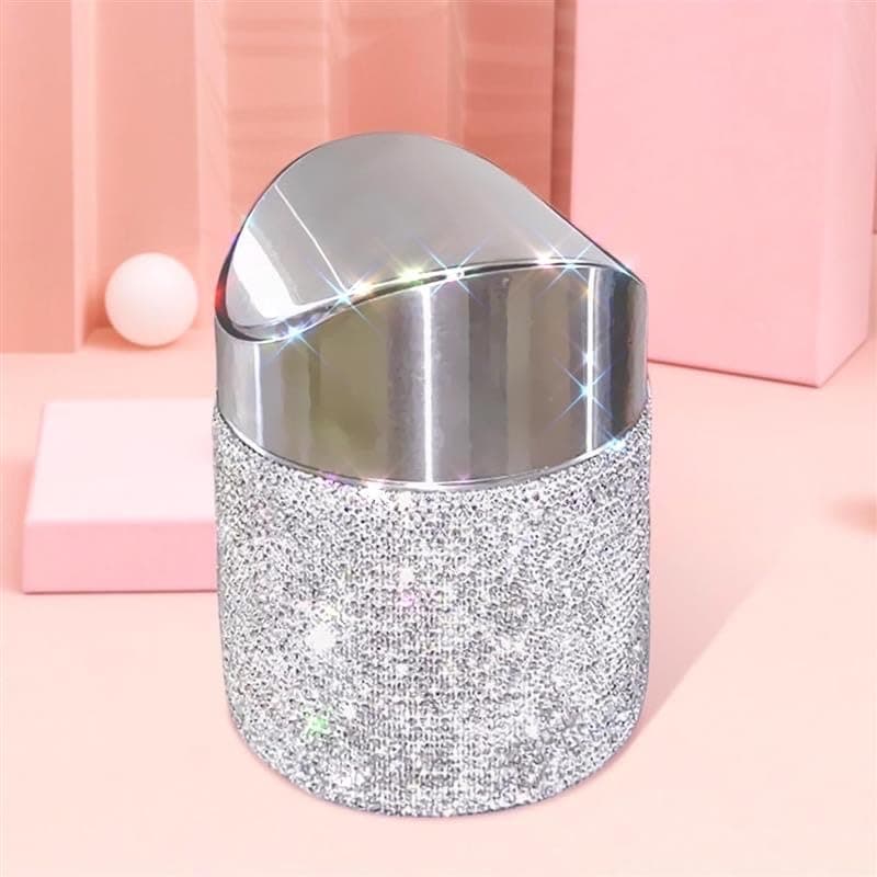 TISHAA Decorative Mini Size Trash Can Wastebasket – Garbage Container Bin Waste Basket Crystal Rhinestone Bedazzled Glitter Deco Vanity Home Office Desk, Perfect for Vanity and Small Items