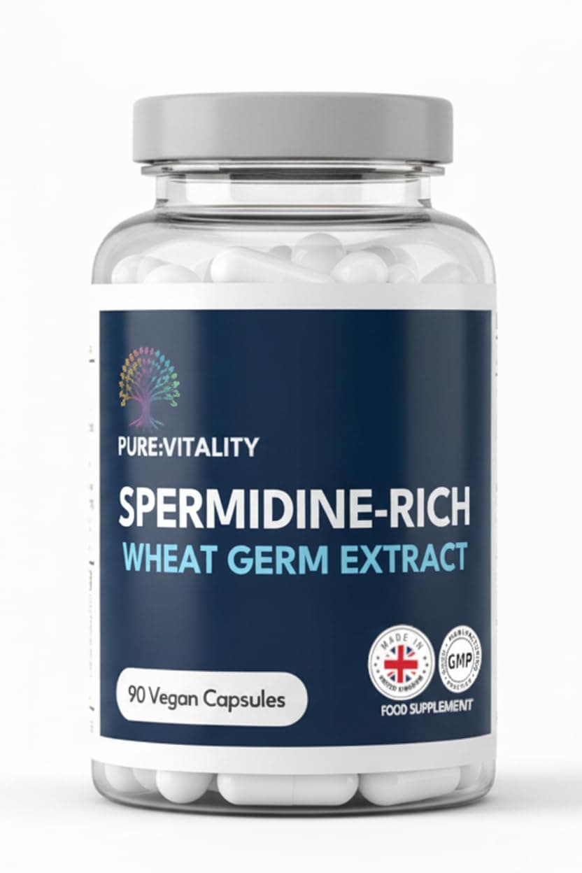 Pure Vitality : Spermidine 98% Purity - 90 x 6mg Vegan Capsules - GMP HACCP Certified - UK Manufacturer - Lab Tested - Wheatgerm