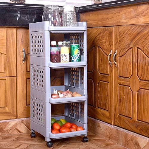 4 Layer Storage Rack Organizer with Wheels for Kitchen Living Room - Plastic Shelf Drawer Multipurpose Ash