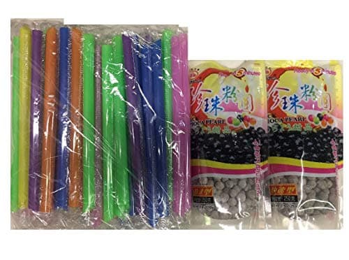 BOBA Black Tapioca Pearl Bubble Tea, 4 Pack (Each 8.8 OZ) + 1 Pack of 50 BOBA Straws (Variety Color)