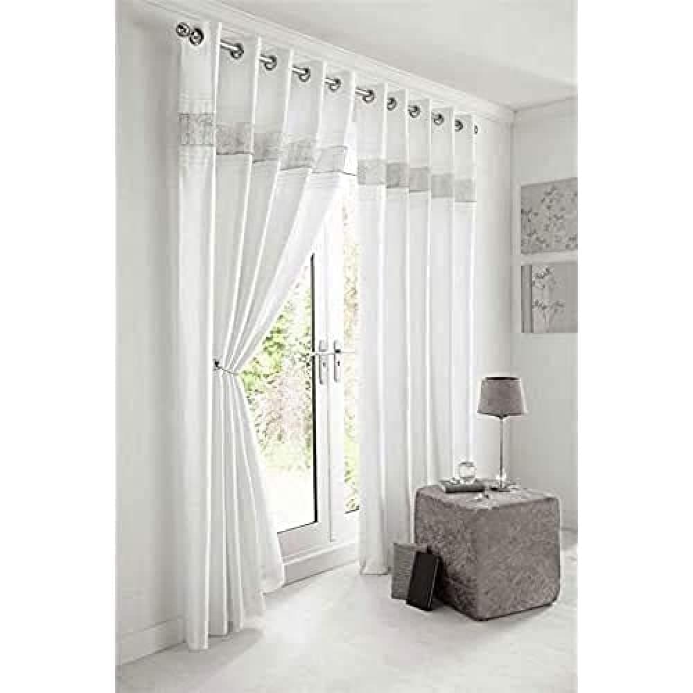 Kimberley Silver Faux Silk Fully Lined Ready Made 90 x 90 Inch Drop Pair Curtainswith Strips of Dazzling Diamante, Silver