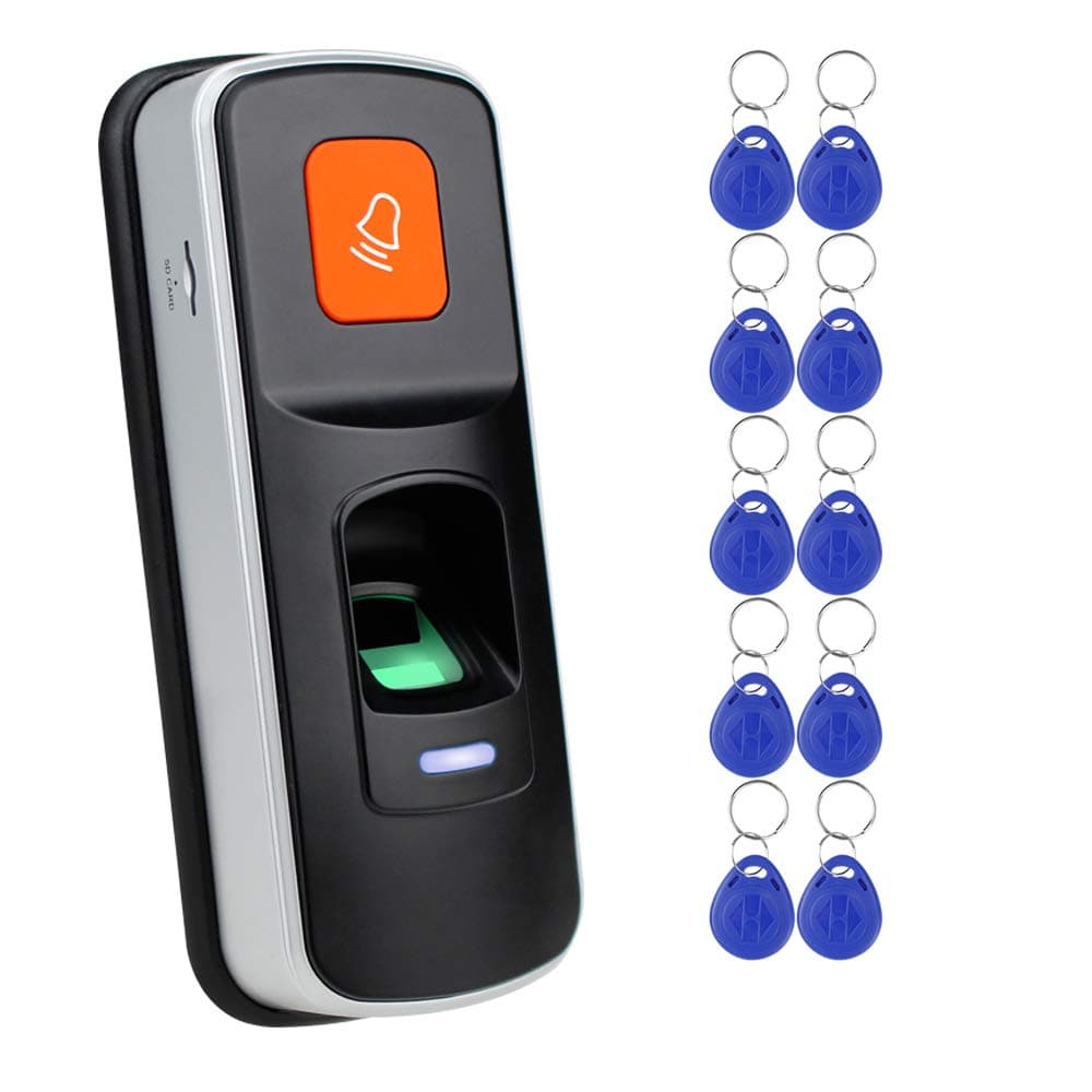 uoweky Fingerprint Access Control Reader Standalone RFID Biometric Door Opener Holder SD Card + 10pcs RFID 125KHz Blue Key Ring