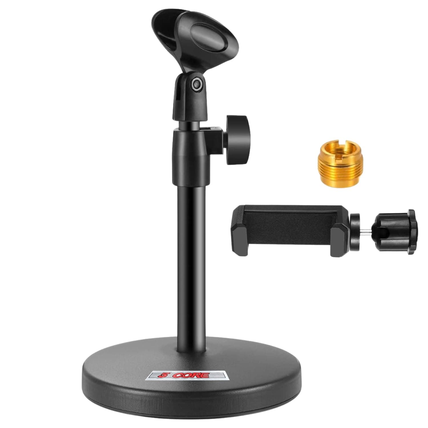 5 Core Mic Stand 3 in 1 Desktop Microphone Stands Height Adjustable Table Microfono Holder w Cell Phone Clamp Mike Clip Round Base Portable for Studio Podcast Podium Black - MS RBS BOOM