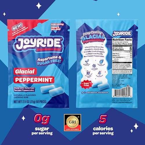 JOYRIDE Classic Strawberry Twists - 4oz 6-Pack Bundle with 2.5oz Glacial Peppermint Gum, Low Sugar Strawberry Flavor, Low Calorie Snacks, Dye Free and Plant Based Candy (7 Items)