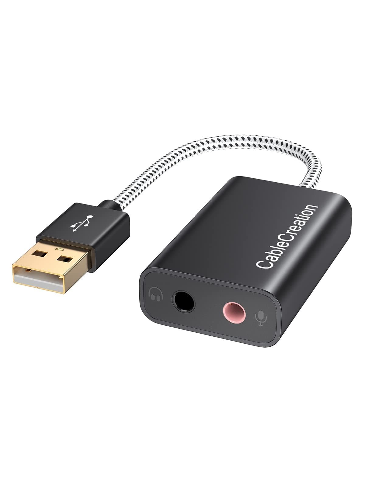 USB Audio Adapter External Sound Card with 3.5mm Headphone and Microphone Jack Compatible with Windows, Mac, macOS, Linux, PS4, PS5, Plug and Play, Aluminum Black
