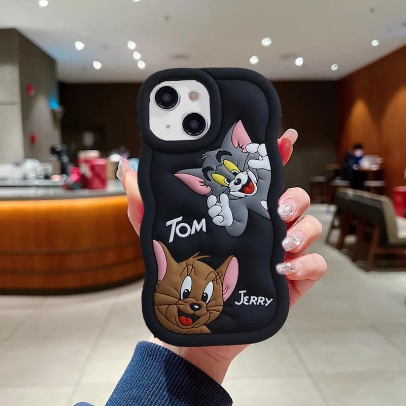Case Creation for iPhone 8 Plus Tom and Jerry Cartoon Case, 3D Curly Tom&Jerry Wave Cute Full Protective Back Case Soft Silicone Stylish Fashion Fun Aesthetic Cover for Apple iPhone 8 Plus (Black)