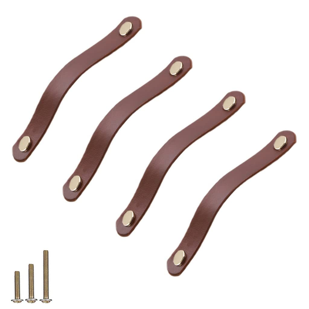 4 Pack Soft Genuine Leather Drawer Pulls Handle,Wardrobe Cabinets Kitchen Closet Knobs Door Pulls Handles knobs with Screws,Home Decoration, Handmade (4 Pack, 6.7" - Brown)