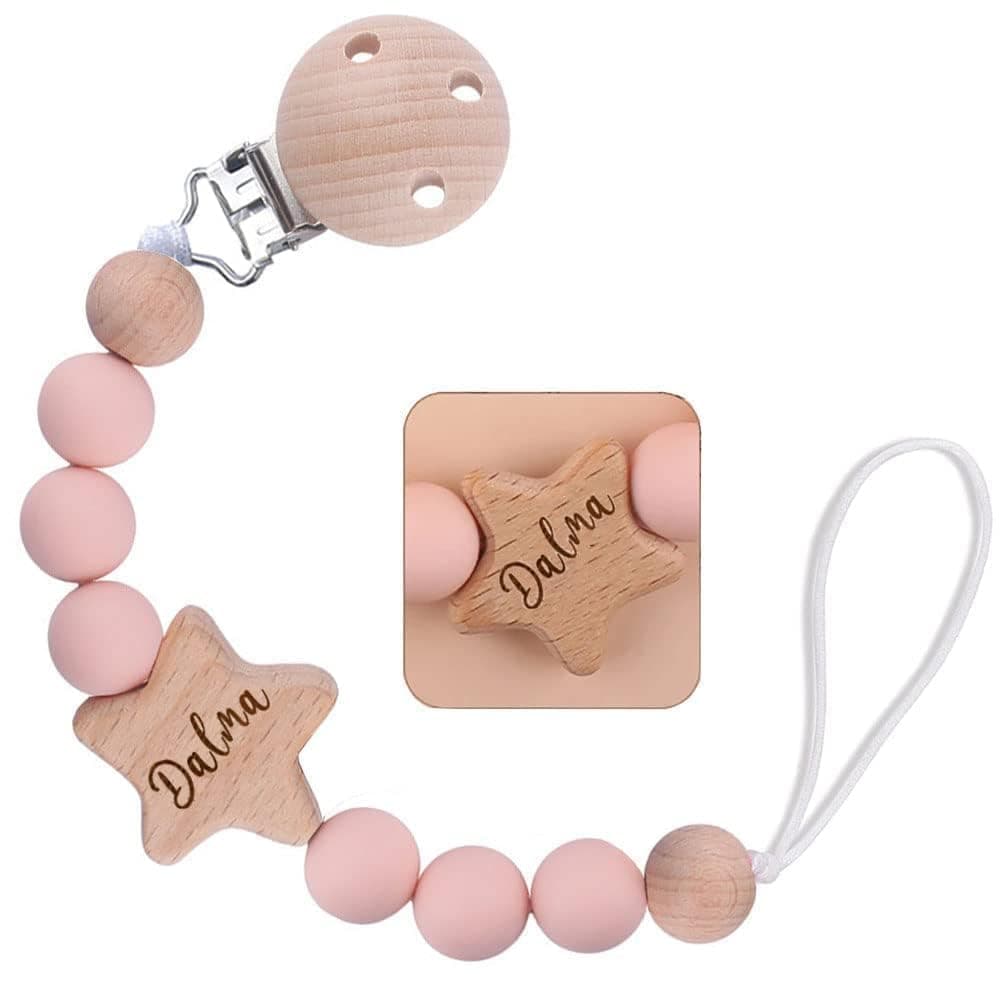 Personalized Pacifier Clip with Name, Wooden Star Baby Pacifier Holder Gift for Boys Girls Boho Style