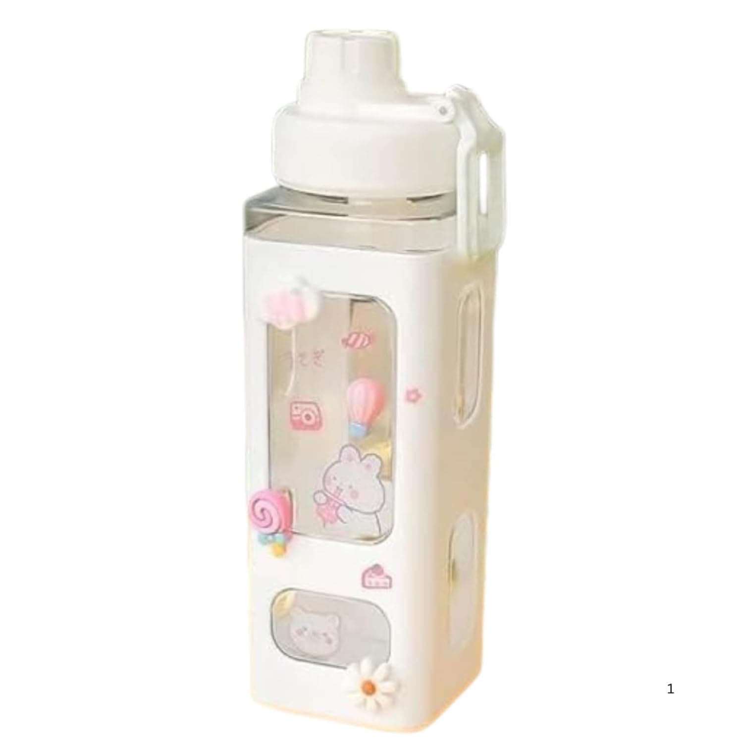 Kid's Cartoon Water Bottle with Adjustable Strap – Cute Double Drinking Straw Cup | Leak-Proof, Portable Tumbler – 500ml – Perfect for School | Outdoor Fun (White)